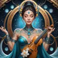 A radiant Sona with mandala-inspired tattoos, surrounded by a symphony of floating instruments in a celestial chamber filled with starlight.