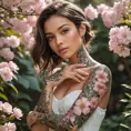 Samira, with delicate floral tattoos winding around her arms and neck, is portrayed in a tranquil garden. The flowers in her tattoos mirror the real blossoms around her, creating a harmonious blend of art and nature.