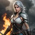 Ciri from The Witcher 3, with warrior-themed tattoos depicting battles and mythical creatures, wielding a glowing silver sword, standing in a battlefield with smoke and fire, intense action pose, hyper-realistic, 8K