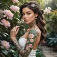 Samira, with delicate floral tattoos winding around her arms and neck, is portrayed in a tranquil garden. The flowers in her tattoos mirror the real blossoms around her, creating a harmonious blend of art and nature.