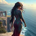 Sivir, the enigmatic wanderer, her arms and back covered in vibrant, swirling tattoos that seem to move with her every breath, standing at the edge of a cliff overlooking a vast ocean.