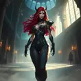 Katarina from League of Legends with bold, geometric tattoos resembling ancient Noxian symbols, standing in a grand hall filled with shadows, her presence commanding and powerful.