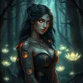 Yennefer of Vengerberg with intricate, glowing tattoos that resemble ancient runes, standing in a mystical forest with bioluminescent plants, her eyes shimmering with magical energy.