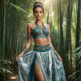 Sona, adorned with intricate, mandala-inspired tattoos that wrap around her legs and torso, dressed in a traditional, Ionian-style outfit with a flowing skirt, standing in a serene, bamboo forest with sunlight filtering through the leaves.