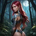 Katarina from League of Legends with intricate tribal tattoos covering her arms and back, standing in a dark, mystical forest with glowing runes illuminating her skin, her daggers glinting in the moonlight.