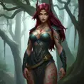 Fiora from League of Legends with dragon tattoos winding around her arms and chest, standing in a misty forest with ancient trees towering around her, her presence exuding strength and grace.