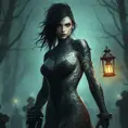 Vayne, the relentless tracker, her body marked with intricate, thorny tattoos that symbolize her relentless pursuit of justice, standing in a foggy graveyard with a lantern casting eerie light on her face.