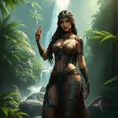 Sivir, the fierce protector, her body marked with bold, warrior-themed tattoos that highlight her strength and resilience, standing in a lush, tropical jungle with a waterfall cascading behind her.