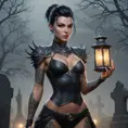 Vayne, the relentless tracker, her body marked with intricate, thorny tattoos that symbolize her relentless pursuit of justice, standing in a foggy graveyard with a lantern casting eerie light on her face.