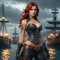 Miss Fortune from League of Legends, her arms and back covered in tribal tattoos that symbolize her pirate heritage, wearing a revealing corset and leather pants, standing in a stormy harbor with her crew in the background, dramatic lighting, hyper-realistic, 8K resolution