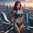 Katarina from League of Legends with elegant, snake-themed tattoos winding around her body, standing on a rooftop overlooking a futuristic cityscape, her eyes glowing with a fierce determination.