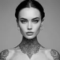 A close-up of Quinn's face, her features delicate yet strong, with tattoos that weave around her neck and jawline, creating a striking contrast against her smooth, porcelain skin, set against a minimalist, monochrome background.