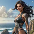 Fiora, the elegant fighter with a fierce gaze, her body covered in bold, tribal tattoos that tell the story of her battles, standing on a cliff overlooking a vast ocean, the wind blowing through her hair.