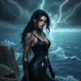 Yennefer with elegant, silver-lined tattoos that depict scenes of arcane rituals, dressed in a sleek, form-fitting outfit, standing on a cliff overlooking a stormy sea, lightning illuminating her face.