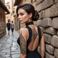 Sona, sporting bold, geometric tattoos that trace the contours of her face and neck, wearing a sleek, black bodysuit with her etwahl strapped to her back, leaning against a stone wall in a bustling, ancient marketplace.