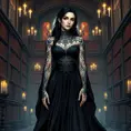 Yennefer with detailed, dark ink tattoos that form a complex pattern across her arms and neck, wearing a regal, flowing black gown, standing in a grand, candlelit library filled with ancient tomes.