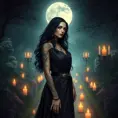 Yennefer with delicate, floral tattoos that intertwine with magical symbols, dressed in a luxurious, velvet robe, standing in a serene garden with floating candles and a full moon overhead, her presence exuding both power and grace.