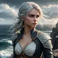 Ciri from The Witcher 3, adorned with mystical dragon tattoos that shimmer with ethereal light, standing on a cliff overlooking a stormy sea, wind blowing her hair, dramatic sky, ultra-detailed, 8K