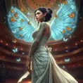 A majestic Sona with ancient script tattoos, standing in a grand concert hall, with her music notes transforming into butterflies that fill the air.