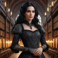 Yennefer with detailed, dark ink tattoos that form a complex pattern across her arms and neck, wearing a regal, flowing black gown, standing in a grand, candlelit library filled with ancient tomes.