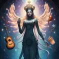 A radiant Sona with mandala-inspired tattoos, surrounded by a symphony of floating instruments in a celestial chamber filled with starlight.