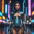 A stunning Vex with intricate geometric tattoos covering their metallic body, standing in a futuristic cityscape with neon lights reflecting off their surface.