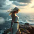 Ciri from The Witcher 3, adorned with mystical dragon tattoos that shimmer with ethereal light, standing on a cliff overlooking a stormy sea, wind blowing her hair, dramatic sky, ultra-detailed, 8K