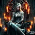 Ciri from The Witcher 3, with elegant floral tattoos intertwined with magical symbols, sitting on a throne made of ancient stone, surrounded by floating candles and glowing crystals, fantasy art style, 8K