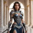 Fiora, the noble warrior with a serene expression, her skin adorned with delicate, swirling tattoos that resemble ancient runes, standing in a grand hall with marble pillars, her rapier gleaming in the soft light.