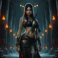 Nidalee, the powerful warrior from The Witcher 3, with tattoos that shimmer with ancient magic, standing in a grand, ancient temple, surrounded by towering stone pillars and flickering torchlight.