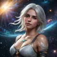 Ciri from The Witcher 3, with celestial tattoos representing stars and constellations, floating in a cosmic void with galaxies swirling around her, soft ethereal glow, ultra-detailed, 8K