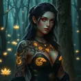 Yennefer of Vengerberg with intricate, glowing tattoos that resemble ancient runes, standing in a mystical forest with bioluminescent plants, her eyes shimmering with magical energy.