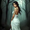 Sona, with delicate, feather-like tattoos that flutter across her shoulders and down her spine, dressed in a flowing, white silk robe, standing in a misty, enchanted forest with ghostly trees surrounding her.