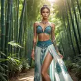 Sona, adorned with intricate, mandala-inspired tattoos that wrap around her legs and torso, dressed in a traditional, Ionian-style outfit with a flowing skirt, standing in a serene, bamboo forest with sunlight filtering through the leaves.