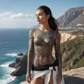 Samira, a warrior goddess with ancient runes and symbols tattooed across her body, stands atop a cliff overlooking a vast ocean. The tattoos emit a soft, ethereal light, reflecting the power and wisdom she embodies.