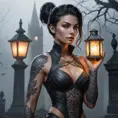 Vayne, the relentless tracker, her body marked with intricate, thorny tattoos that symbolize her relentless pursuit of justice, standing in a foggy graveyard with a lantern casting eerie light on her face.