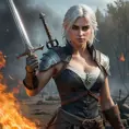 Ciri from The Witcher 3, with warrior-themed tattoos depicting battles and mythical creatures, wielding a glowing silver sword, standing in a battlefield with smoke and fire, intense action pose, hyper-realistic, 8K