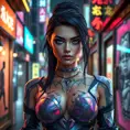 Katarina, a modern-day goddess with geometric tattoos that shimmer with metallic hues, wearing a sleek, futuristic outfit, standing in a neon-lit urban alley with holographic advertisements reflecting off her skin.