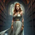 Triss Merigold, the beloved sorceress from The Witcher 3, with elegant tattoos that form a magical circle around her arms, standing in a grand library filled with ancient tomes, her dress flowing gracefully, and her eyes filled with wisdom and determination.