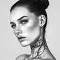 A close-up of Quinn's face, her features delicate yet strong, with tattoos that weave around her neck and jawline, creating a striking contrast against her smooth, porcelain skin, set against a minimalist, monochrome background.