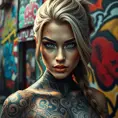 A stunning portrait of Quinn, a beautiful woman with mesmerizing eyes, adorned with intricate tattoos that tell a story of ancient myths and modern rebellion, set against a backdrop of a vibrant urban street art scene.