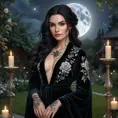 Yennefer with delicate, floral tattoos that intertwine with magical symbols, dressed in a luxurious, velvet robe, standing in a serene garden with floating candles and a full moon overhead, her presence exuding both power and grace.