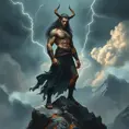 A powerful Vex with ancient rune tattoos, standing atop a mountain peak, with storm clouds brewing in the background and lightning striking around them.