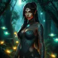 A stunning Nidalee from The Witcher 3, adorned with intricate tribal tattoos that glow with a mystical aura, standing in a lush, enchanted forest with bioluminescent plants illuminating her path.