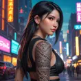 A stunning portrait of Tifa Lockhart with intricate tribal tattoos covering her arms and back, set against a vibrant, neon-lit cyberpunk cityscape.