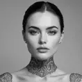 A close-up of Quinn's face, her features delicate yet strong, with tattoos that weave around her neck and jawline, creating a striking contrast against her smooth, porcelain skin, set against a minimalist, monochrome background.