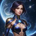 Fiora from League of Legends with celestial tattoos of stars and constellations on her shoulders and neck, standing under a night sky filled with swirling galaxies, her eyes reflecting the cosmic light.