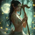 A graceful Sona with musical note tattoos adorning her ethereal skin, playing a luminous harp in a moonlit forest with glowing fireflies.