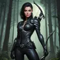 Vayne, the nocturnal huntress with piercing green eyes and a sleek, black outfit, her skin adorned with dark, shadowy tattoos that seem to shift and move, standing in a moonlit forest with a silver crossbow in hand.