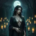 Yennefer with delicate, floral tattoos that intertwine with magical symbols, dressed in a luxurious, velvet robe, standing in a serene garden with floating candles and a full moon overhead, her presence exuding both power and grace.